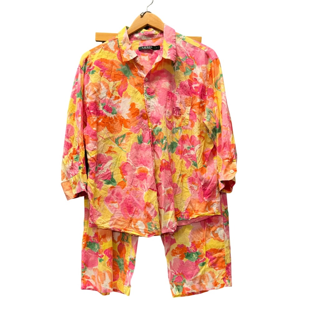 Lauren Ralph Lauren Pajama Set Womens XL Floral Pink Yellow Sleepwear Cropped